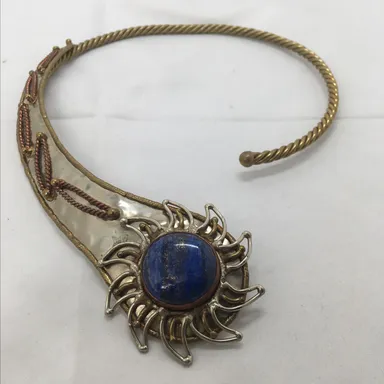 Vintage, Large Gold Necklace With Large Lapis Stone, Sunburst, Blue, 1980’s