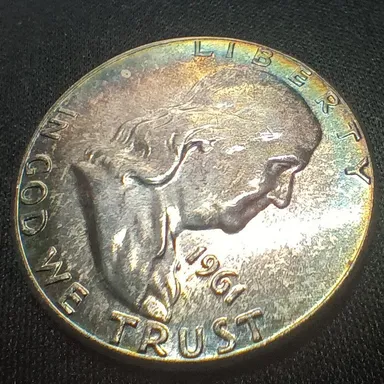 Coin- 1961 Franklin half dollar (toned) Rainbow edges on Obv/Rev