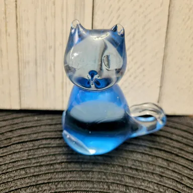 Vintage Blue Art Glass Sitting Cat  Figurine Paperweight Hand Blown