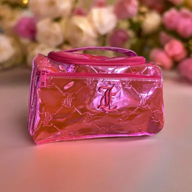 Juicy Couture Hanging Travel Bag Vinyl Hot Pink Iridescent Cosmetic Makeup Case Vinyl