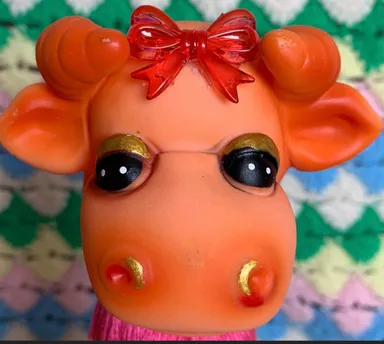 Daisy Cow cone doll or tree topper. Rare cow rubber puppet head. Vintage bow, glittery vegan leather
