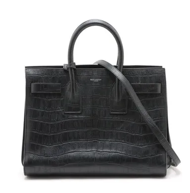 SAINT LAURENT Paris Sac de Jour Crocodile Embossed Leather Two-Way Handbag - Black