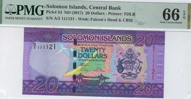 Solomon Islands 20 Dollars 2017 P-34 Gem UNC PMG 66 EPQ + Gift SOBF