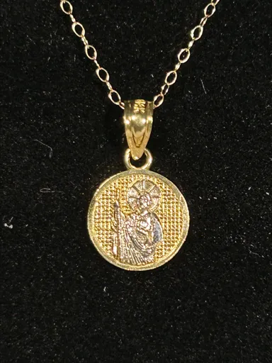 14k gold 16” chain link necklace with 14k gold and silver Jesus round pendant