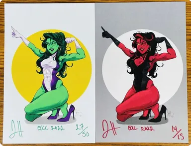 LOT OF 2 SHE HULK LIMITED EDITION ART PRINTS GREEN & RED CONVENTION EXCLUSIVE