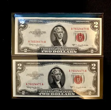 1953-C Two Consecutive 2 Dollar Red Seal Notes 🔥