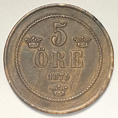 1879 Sweden 5 Ore Coin - Woodgrain Look - Incredible Details