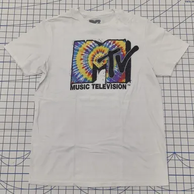 MTV Music Television Tie-Dye Logo Short Sleeve Shirt M White