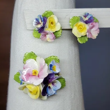 Bone China Brooch & Earrings Set England Vintage Porcelain Floral Bouquet Flower