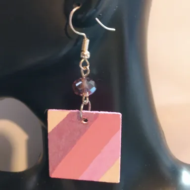 wood pink strips with pink crystal earrings