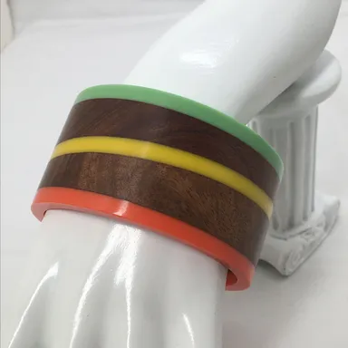 Awesome Vintage Wood And Lucite Artisan Bangle Bracelet, Brown, Green, Coral