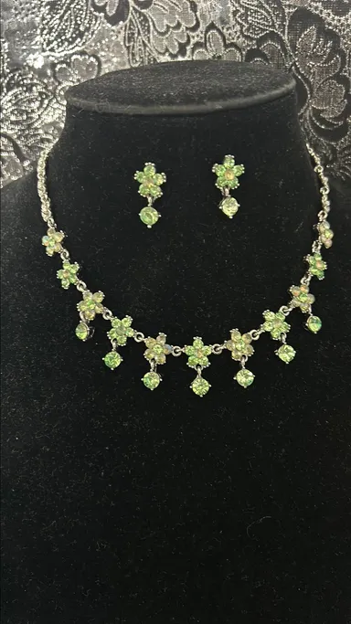 #28 Lime and AB green crystal floral choker and earrings set