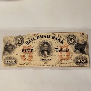 1853 $5 Railroad Bank Adrian Michigan Obselete note