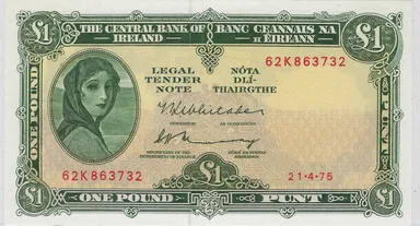 Ireland Republic 1 Pound 21.4.75, P-64c, Lady Hazel Lavery, UNC + Gift IR75