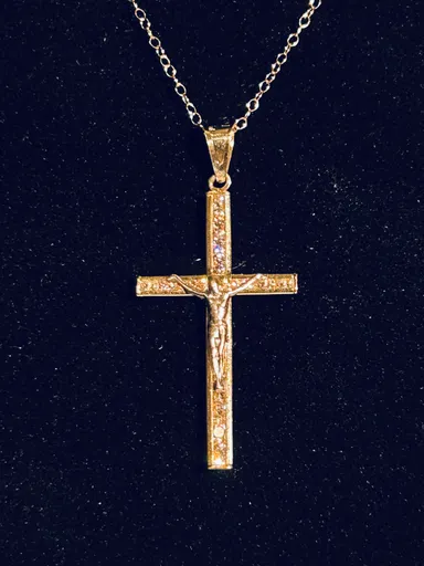 14k gold 16” chain link necklace with 14k gold and Jesus on cross encrusted with diamonds pendant