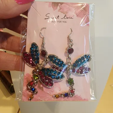 Multi color gem Dragonfly Earrings