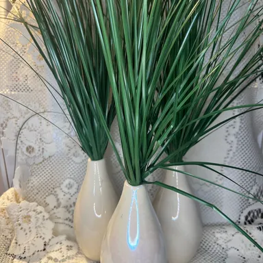 Faux Grass Potted Plant Wheatgrass White 6” Vintage Vase Set Of 3 17” Tall
