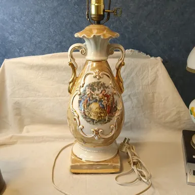 Vintage  Lamp Victorian Dancing Couple Urn Style Handles Tan Marbleized Gold Trim