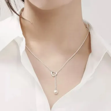 Tiffany & Co. Elsa Peretti® Open Heart Lariat Necklace in Silver with Pearl (7.5-8 mm)