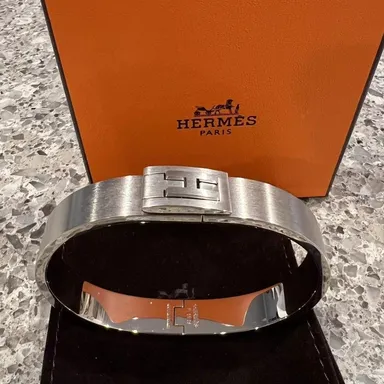 Hermes Jet Bangle Bracelet Palladium Plated Metal Silver bangle in box w/papers