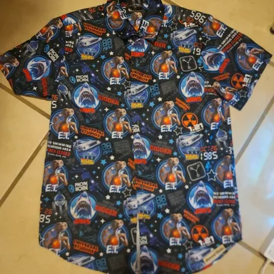 Universal Back To The Future JAWS E.T. all over print Button Up Shirt mens adult sz Small