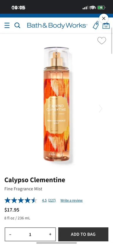 $17.95 B&BW Calypso Clementine Fragrance Mist 8 Fl. Oz. 236 ml.