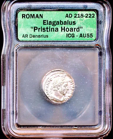 E59 ICG AU55 Elagabalus 218-222 AD Roman Imperial Silver Denarius Ancient coin