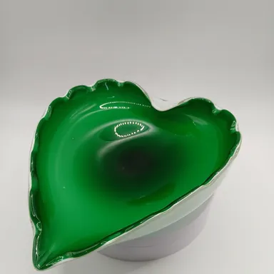 Art Glass green & white cased scalloped bowl