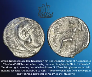 315-297 BC Greek Macedon King Kassander Alexander III The Great AR Tetradrachm