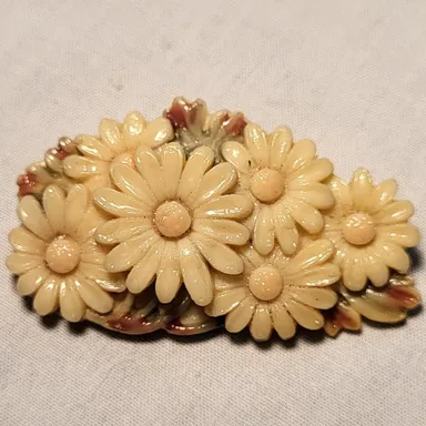 Vintage Carved Celluloid Plastic Flower Bouquet Floral Brooch Pin *
