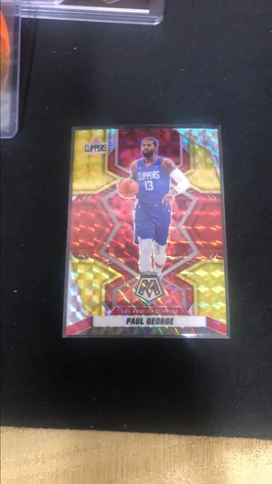 Paul George 2021-22 Mosaic Choice Red & Yellow Fusion Prizm #35/88     Clippers