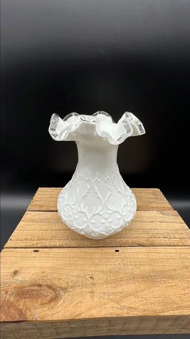 Fenton White Spanish Lace Milk Glass Silver Crest Ruffled Top Vase