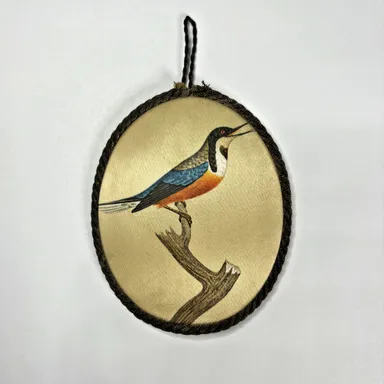 West German Silk Oval Ornament Bird Holiday Vintage Shabby Décor