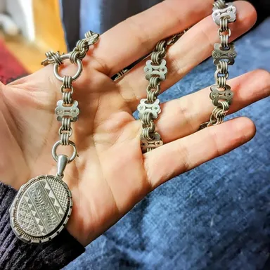 Victorian Antique English Silver Book Chain with Locket