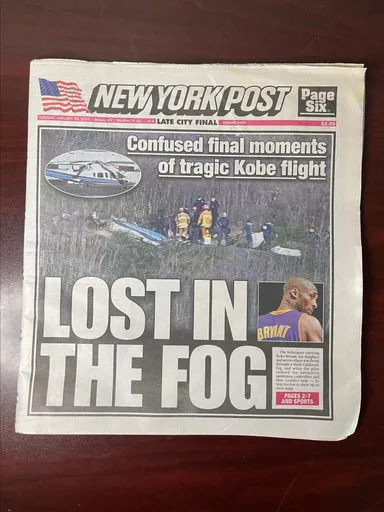 Kobe Bryant 1/28/20 New York Post -"City of Pain" - "Lost in the Fog"
