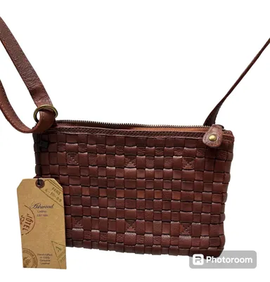 NWT Ashwood Genuine Woven Leather Crossbody Bag, Cognac/Brown, Approx 10”x7”