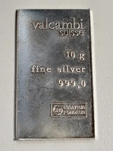 Valcambi Suisse 10 gram 10g .999 Fine Silver Bar