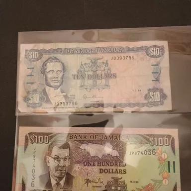 1994 $10 and 1999 $100 Jamaica Banknotes Foreign Currency