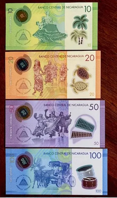 Lot of 4 Nicaragua 10;20;50;100 Cordobas Uncirculated POLYMER Banknotes 2014-2019
