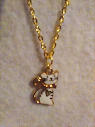 Necklace White Cat Charm On 24" Gold-tone Chain Handcrafted New