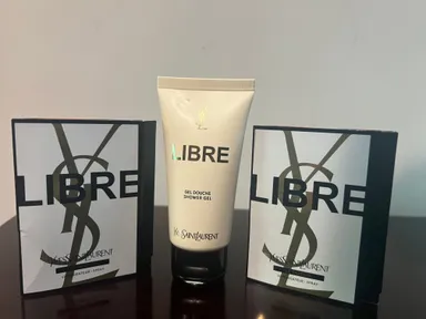 YSL Libre eau de parfum body wash and Two fragrance samples.