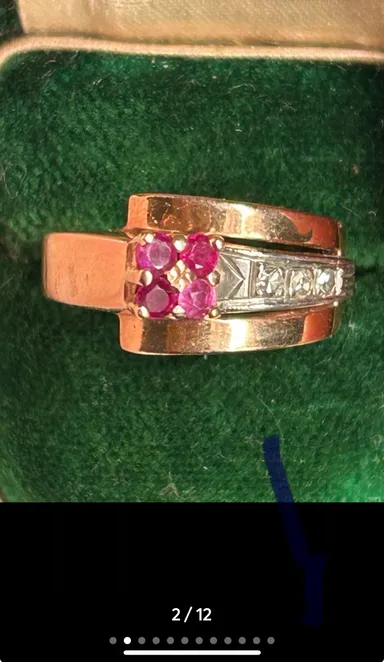 14k Gold Rose Gold Antique Art Deco Ruby & Diamond Ring