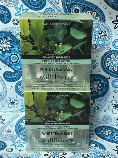 (4) Bath & Body Works WHITE TEA & SAGE Wallflower Home Fragrance Refill NEW