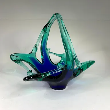 Murano Abstract Blue Green Blown Art Glass Basket Bowl Candy Dish SMALL CHIP