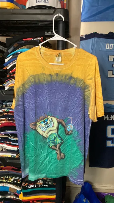 Taz Vintage Tie Dye Looney Tunes Lounging and Drinking Shirt