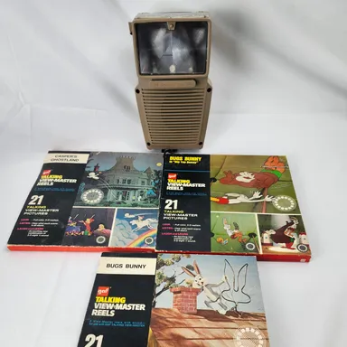 Vintage 1960s GAF Talking Viewmaster Tan w/ 10 Reels No Sound Bugs Bunny, Casper
