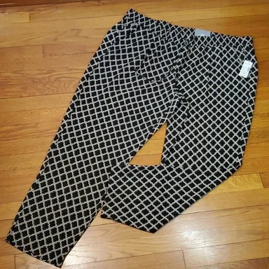 Roz & Ali Size 3X Pants Chiffon Elastic Waist String Tie Black Cream Patterned