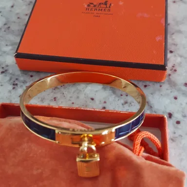 Hermes Kelly Cadena Bangle Gold and blue in original box women's bracelet