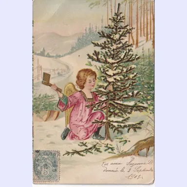 1903 Christmas Postcard Angel Chopping Cutting Tree Vintage Germany Gold
