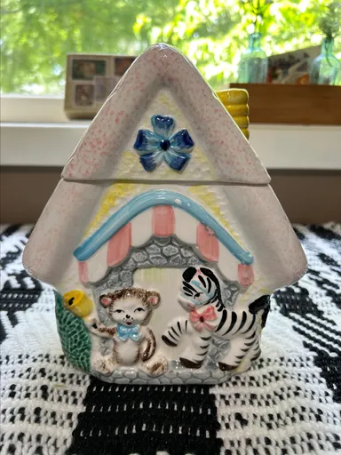 1960's Teddy bear and zebra house cookie jar with cookie cutters